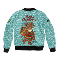 Bahamas Christmas Bomber Jacket with Teal Palm Pattern Carnival Santa and National Emblem Motif - Wonder Print Shop