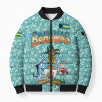Bahamas Christmas Bomber Puffer Jacket with Teal Palm Pattern Carnival Santa and National Emblem Motif - Wonder Print Shop
