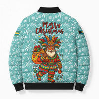 Bahamas Christmas Bomber Puffer Jacket with Teal Palm Pattern Carnival Santa and National Emblem Motif - Wonder Print Shop