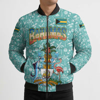 Bahamas Christmas Bomber Puffer Jacket with Teal Palm Pattern Carnival Santa and National Emblem Motif - Wonder Print Shop