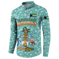 Bahamas Christmas Button Sweatshirt with Teal Palm Pattern Carnival Santa and National Emblem Motif - Wonder Print Shop