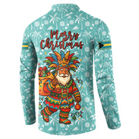 Bahamas Christmas Button Sweatshirt with Teal Palm Pattern Carnival Santa and National Emblem Motif - Wonder Print Shop