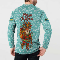 Bahamas Christmas Button Sweatshirt with Teal Palm Pattern Carnival Santa and National Emblem Motif - Wonder Print Shop