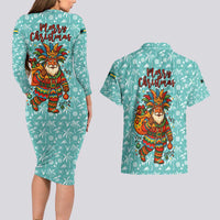 Bahamas Christmas Couples Matching Long Sleeve Bodycon Dress and Hawaiian Shirt with Teal Palm Pattern Carnival Santa and National Emblem Motif - Wonder Print Shop