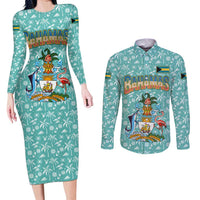 Bahamas Christmas Couples Matching Long Sleeve Bodycon Dress and Long Sleeve Button Shirt with Teal Palm Pattern Carnival Santa and National Emblem Motif - Wonder Print Shop