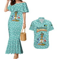 Bahamas Christmas Couples Matching Mermaid Dress and Hawaiian Shirt with Teal Palm Pattern Carnival Santa and National Emblem Motif - Wonder Print Shop