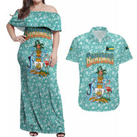 Bahamas Christmas Couples Matching Off Shoulder Maxi Dress and Hawaiian Shirt with Teal Palm Pattern Carnival Santa and National Emblem Motif - Wonder Print Shop