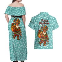 Bahamas Christmas Couples Matching Off Shoulder Maxi Dress and Hawaiian Shirt with Teal Palm Pattern Carnival Santa and National Emblem Motif - Wonder Print Shop