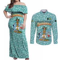 Bahamas Christmas Couples Matching Off Shoulder Maxi Dress and Long Sleeve Button Shirt with Teal Palm Pattern Carnival Santa and National Emblem Motif - Wonder Print Shop
