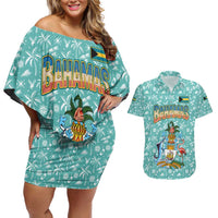 Bahamas Christmas Couples Matching Off Shoulder Short Dress and Hawaiian Shirt with Teal Palm Pattern Carnival Santa and National Emblem Motif - Wonder Print Shop