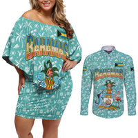 Bahamas Christmas Couples Matching Off Shoulder Short Dress and Long Sleeve Button Shirt with Teal Palm Pattern Carnival Santa and National Emblem Motif - Wonder Print Shop