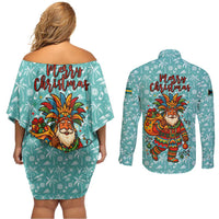 Bahamas Christmas Couples Matching Off Shoulder Short Dress and Long Sleeve Button Shirt with Teal Palm Pattern Carnival Santa and National Emblem Motif - Wonder Print Shop