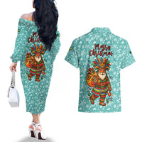 Bahamas Christmas Couples Matching Off The Shoulder Long Sleeve Dress and Hawaiian Shirt with Teal Palm Pattern Carnival Santa and National Emblem Motif - Wonder Print Shop
