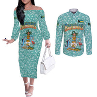 Bahamas Christmas Couples Matching Off The Shoulder Long Sleeve Dress and Long Sleeve Button Shirt with Teal Palm Pattern Carnival Santa and National Emblem Motif - Wonder Print Shop