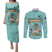 Bahamas Christmas Couples Matching Puletasi and Long Sleeve Button Shirt with Teal Palm Pattern Carnival Santa and National Emblem Motif - Wonder Print Shop