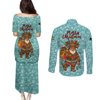 Bahamas Christmas Couples Matching Puletasi and Long Sleeve Button Shirt with Teal Palm Pattern Carnival Santa and National Emblem Motif - Wonder Print Shop
