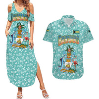 Bahamas Christmas Couples Matching Summer Maxi Dress and Hawaiian Shirt with Teal Palm Pattern Carnival Santa and National Emblem Motif - Wonder Print Shop