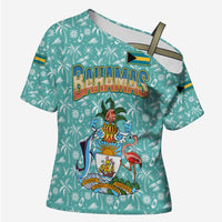 Bahamas Christmas Cross Shoulder Shirt with Teal Palm Pattern Carnival Santa and National Emblem Motif - Wonder Print Shop