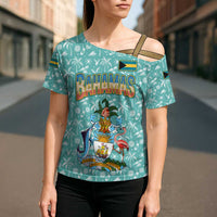 Bahamas Christmas Cross Shoulder Shirt with Teal Palm Pattern Carnival Santa and National Emblem Motif - Wonder Print Shop
