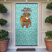 Bahamas Christmas Door Cover with Teal Palm Pattern Carnival Santa and National Emblem Motif - Wonder Print Shop