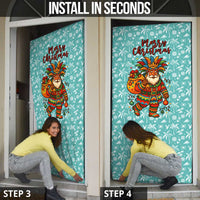 Bahamas Christmas Door Cover with Teal Palm Pattern Carnival Santa and National Emblem Motif - Wonder Print Shop
