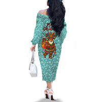 Bahamas Christmas Family Matching Off The Shoulder Long Sleeve Dress and Hawaiian Shirt with Teal Palm Pattern Carnival Santa and National Emblem Motif - Wonder Print Shop