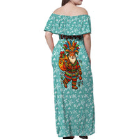 Bahamas Christmas Family Matching Off Shoulder Maxi Dress and Hawaiian Shirt with Teal Palm Pattern Carnival Santa and National Emblem Motif - Wonder Print Shop