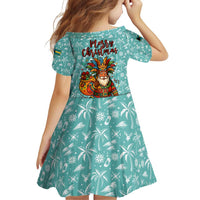 Bahamas Christmas Family Matching Off Shoulder Short Dress and Hawaiian Shirt with Teal Palm Pattern Carnival Santa and National Emblem Motif - Wonder Print Shop