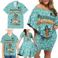 Bahamas Christmas Family Matching Off Shoulder Short Dress and Hawaiian Shirt with Teal Palm Pattern Carnival Santa and National Emblem Motif - Wonder Print Shop