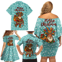 Bahamas Christmas Family Matching Off Shoulder Short Dress and Hawaiian Shirt with Teal Palm Pattern Carnival Santa and National Emblem Motif - Wonder Print Shop