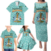 Bahamas Christmas Family Matching Puletasi and Hawaiian Shirt with Teal Palm Pattern Carnival Santa and National Emblem Motif - Wonder Print Shop