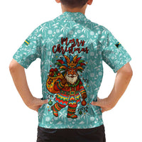 Bahamas Christmas Family Matching Tank Maxi Dress and Hawaiian Shirt with Teal Palm Pattern Carnival Santa and National Emblem Motif - Wonder Print Shop