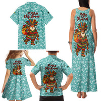 Bahamas Christmas Family Matching Tank Maxi Dress and Hawaiian Shirt with Teal Palm Pattern Carnival Santa and National Emblem Motif - Wonder Print Shop