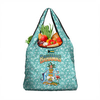 Bahamas Christmas Grocery Bag with Teal Palm Pattern Carnival Santa and National Emblem Motif - Wonder Print Shop