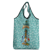 Bahamas Christmas Grocery Bag with Teal Palm Pattern Carnival Santa and National Emblem Motif - Wonder Print Shop