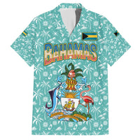 Bahamas Christmas Hawaiian Shirt with Teal Palm Pattern Carnival Santa and National Emblem Motif - Wonder Print Shop