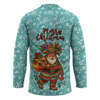 Bahamas Christmas Hockey Jersey with Teal Palm Pattern Carnival Santa and National Emblem Motif - Wonder Print Shop