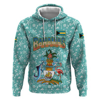 Bahamas Christmas Hoodie with Teal Palm Pattern Carnival Santa and National Emblem Motif - Wonder Print Shop