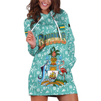 Bahamas Christmas Hoodie Dress with Teal Palm Pattern Carnival Santa and National Emblem Motif - Wonder Print Shop