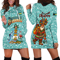 Bahamas Christmas Hoodie Dress with Teal Palm Pattern Carnival Santa and National Emblem Motif - Wonder Print Shop