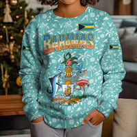 Bahamas Christmas Kid Ugly Christmas Sweater with Teal Palm Pattern Carnival Santa and National Emblem Motif - Wonder Print Shop