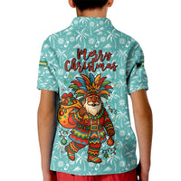 Bahamas Christmas Kid Polo Shirt with Teal Palm Pattern Carnival Santa and National Emblem Motif - Wonder Print Shop