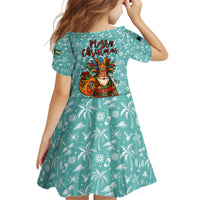 Bahamas Christmas Kid Short Sleeve Dress with Teal Palm Pattern Carnival Santa and National Emblem Motif - Wonder Print Shop