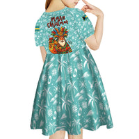 Bahamas Christmas Kid Short Sleeve Dress with Teal Palm Pattern Carnival Santa and National Emblem Motif - Wonder Print Shop