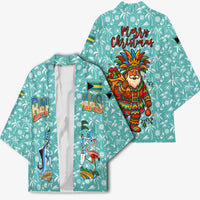 Bahamas Christmas Kimono with Teal Palm Pattern Carnival Santa and National Emblem Motif - Wonder Print Shop