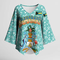 Bahamas Christmas Kimono Sleeve Blouse with Teal Palm Pattern Carnival Santa and National Emblem Motif - Wonder Print Shop