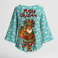 Bahamas Christmas Kimono Sleeve Blouse with Teal Palm Pattern Carnival Santa and National Emblem Motif - Wonder Print Shop