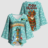 Bahamas Christmas Kimono Sleeve Blouse with Teal Palm Pattern Carnival Santa and National Emblem Motif - Wonder Print Shop