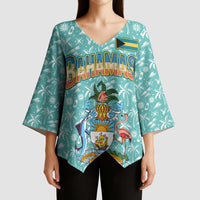 Bahamas Christmas Kimono Sleeve Blouse with Teal Palm Pattern Carnival Santa and National Emblem Motif - Wonder Print Shop