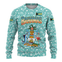 Bahamas Christmas Ugly Christmas Sweater with Teal Palm Pattern Carnival Santa and National Emblem Motif - Wonder Print Shop